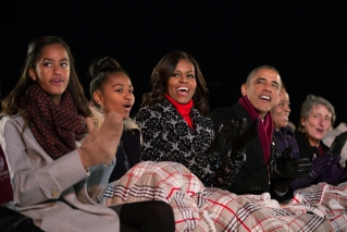 President Barack Obama, First Lady Michelle Obama, daughters Sasha and Malia, Marian Robinson and Interior Secretary Sally Jewell participate in the National Christmas Tree lighting on the Ellipse in Washington, D.C., Dec. 4, 2014. (Official White House Photo by Pete Souza)