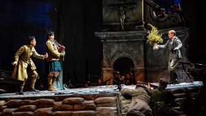 Christopher Burchett, a Scottish bagpiper, and Chad Johnson have a tense first meeting in no- man’s-land in Fort Worth Opera’s Silent Night.