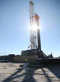 The raised platform used by Encana at some of its drill sites helps to protect the underlying landscape. (Credit: Abrahm Lustgarten/ProPublica)