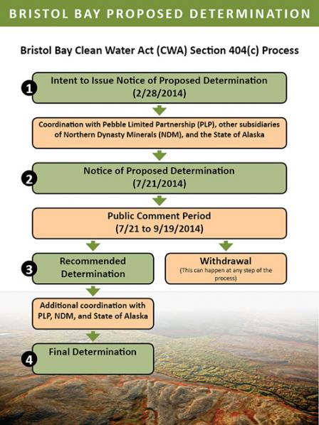 Diagram showing decision milestones for Bristol Bay 404c process