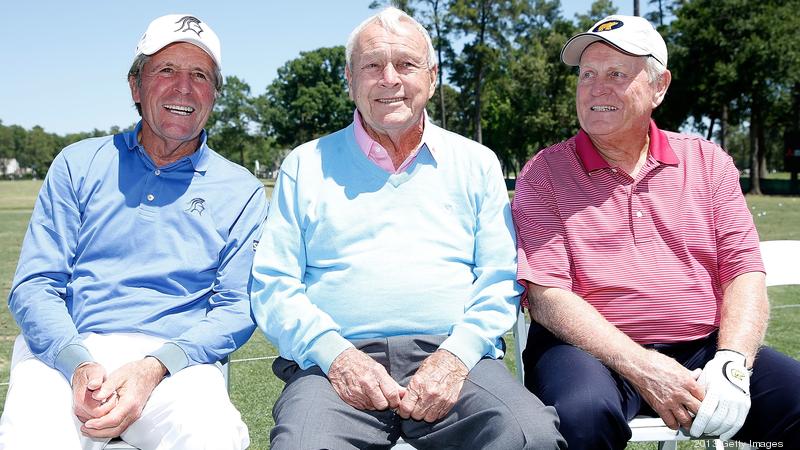 (L-R) Gary Player, Arnold Palmer and Jack Nicklaus pose for a photo during the Greats of Golf exhibition at the Insperity Championship at the Woodlands Country Club on May 4, 2013 in Woodlands, Texas.
