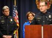 Deputy Chief Anthony Treviño speaks during a press conference after being named interim San Antonio police chief effective in January on Friday, Dec. 5, 2014. City manager Sheryl Scully, middle, and current police chief William McManus, left, listen.