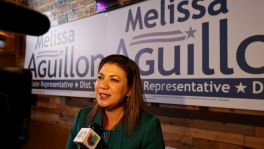 Melissa Aguillon, President and CEO of Aguillon & Associates LLC, answers questions from the media after announcing her candidacy for State Representatavie, District 123, Sunday Nov. 30, 2014 at Augie's Alamo City BBQ Steakhouse.