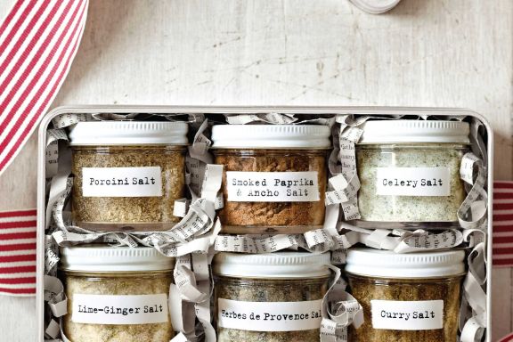 Flavored salts, from the gift-ideas book "Holiday Cheer," give your favorite cooks an array of salty flavors.