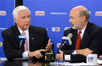  Republican Gov. Tom Corbett, left, and Democratic challenger Tom Wolf take part in a debate Oct. 1 in Philadelphia.