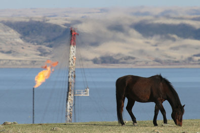 Oil well flares dot the land along Lake Sakakawea in central North Dakota. A surge in production from the United States has helped drive down prices.