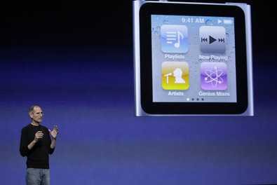 Steve Jobs shown with a display of the iPod Nano at a 2010 event in San Francisco.
