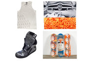 From top left, clockwise, a Rochambeau tank top ($380), a towel designed by James Rosenquist ($95), limited-edition skateboards from Jeff Koons, Airball x Rick Owens sneakers ($1400).