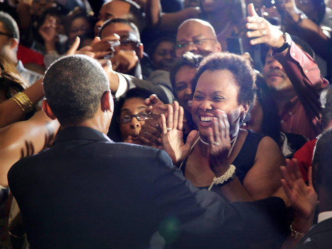President Obama greeting audience members after speaking at Xavier University of Louisiana in New Orleans in 2010, on the fifth anniversary of Hurricane Katrina. In some Southern states, the Republican advantage among white voters is nearly nine to one in presidential elections, a level of loyalty rivaling that of African-Americans for Democrats.