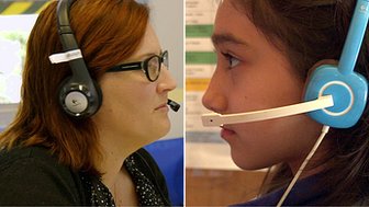 A montage image of a teacher (l) and a pupil (r) using video conferencing