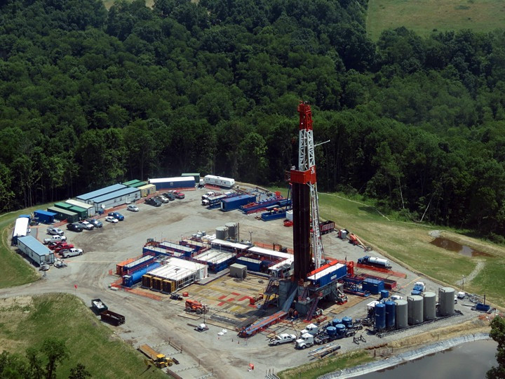 A well pad in southwestern Pennsylvania. A new study finds that methane levels above shale gas wells during the drilling stage are up to 1,000 times higher than EPA estimates.