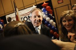 State Sen. Ken Paxton celebrated with supporters after winning the Republican primary runoff for Texas attorney general on May 27, 2014.