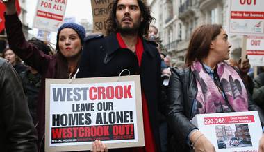 Comedian Russell Brand joins residents and supporters from the New Era housing estate in East London as they deliver a petition to 10 Downing Street during a demonstration against US investment company Westbrook's plans to evict 93 families in London