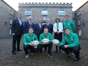 5 December 2014: IRFU Chief Executive, Philip Browne, Deputy First Minister Martin McGuinness, Taoiseach Enda Kenny, First Minister Peter Robinson, Tanaiste Joan Burton along with Ireland players Andrew Trimble, Paddy Jackson, Robbie Henshaw and Jordy Murphy launch Ireland's bid to host the 2023 Rugby World Cup