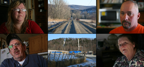 Pat Farnelli, top left, Ronald Carter, bottom left, Richard Seymour, top right, and Norma Fiorentino, bottom right, live in Dimock, Pa. A year after Cabot Oil & Gas landmen knocked on their doors to sign drilling leases, they are finding that their drinking water now contains methane, the largest component of natural gas. (Abrahm Lustgarten/ProPublica)
