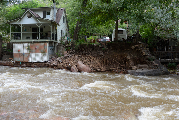 A home close to the edge of South Boulder Creek in Eldorado Springs during the floods in Colorado.