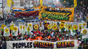 Demonstrators gathered near Columbus Circle before the start of the People's Climate March in New York.