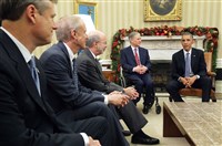  President Barack Obama meets Friday with a group of newly elected governors, from left, Charlie Baker of Massachusetts, Bruce Rauner of Illinois, Tom Wolf of Pennsylvania and Greg Abbott of Texas in the Oval Office at the White House.