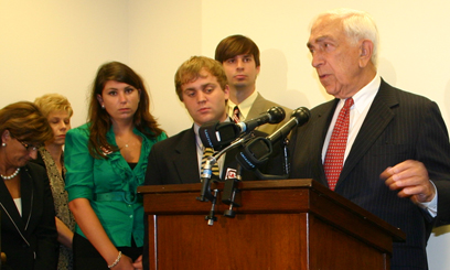 Senator Lautenberg at an event hailing a new law he and Rep. Bill Pascrell, Jr. authored requiring better information about fire safety on college campuses and commemorating Campus Fire Safety Month. Joining the Senator were Bonnie Woodruff (far left) and Kaaren Mann, who lost children in campus-related fires. Also in attendance were Rep. Pascrell and Shawn Simons, who survived the fire at Seton Hall University in 2000 (both not pictured). (September 9, 2008)