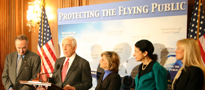 Senator Lautenberg stands with Sens. Chuck Schumer (D-NY; left), Barbara Boxer (D-CA) and Olympia Snowe (R-ME) to call for an airline passengers' bill of rights. The Senators were joined by Kate Hanni (far right), founder of the Coalition for an Airline Passenger's Bill of Rights, to stress the importance of their bill, especially after the thousands of major airline flight cancellations in the past week. (April 10, 2008)