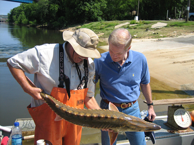 On a recent trip along the Apalachicola River, Senator Nelson admires a sturgeon with Frank Parauka of the US Fish and Wildlife Service.