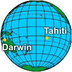 The locations of Tahiti and Darwin, Australia