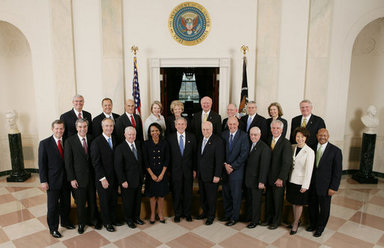 President George W. Bush stands with members of his Cabinet in Cross Hall at the White House. White House photo by Eric Draper