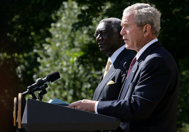 President George W. Bush delivers remarks during a joint statement with President John Agyekum Kufuor of Ghana Monday, Sept. 15, 2008, in the Rose Garden of the White House. White House photo by Chris Greenberg