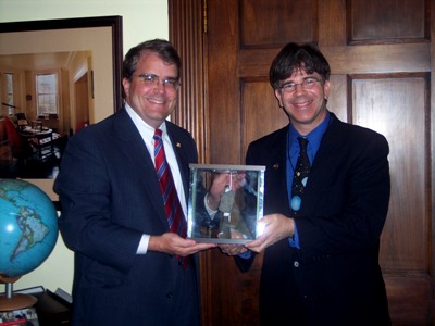 thumbnail image: Culberson, Dr. Garvin, and moon rock.