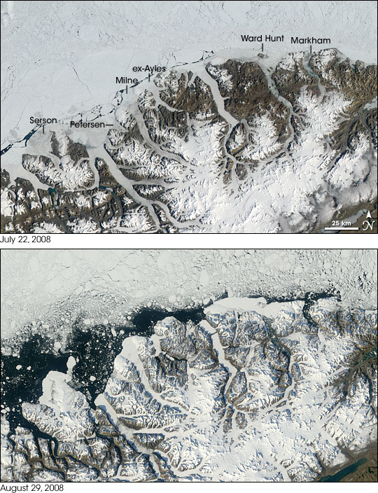 Satellite  image overviews of the Ellesmere coast, July 22 and August 29, 2008.