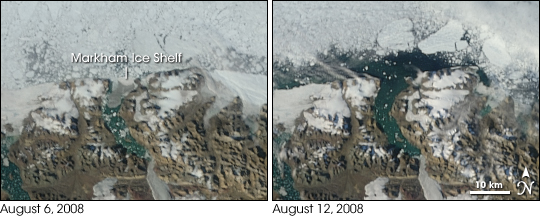 Disintegration of Markham Ice Shelf between August 6 and August 12, 2008.