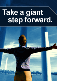 The back of a man with outstretched arms. In the background are three columns overlooking the Washington Monument and the Potomac River. The caption reads: Take a giant step forward.