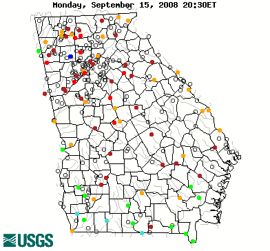 Current streamflow conditions in Georgia; click to go to a live map.