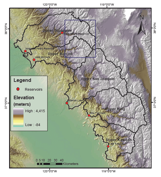 Map of study area, including 5 river basins and 6 reservoirs in the southern Sierra Nevada.