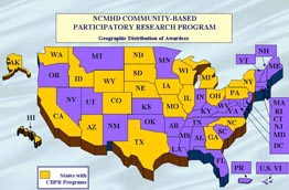 Map of the 22 states with institutions currently participating in the Community Based Participatory Research Program.