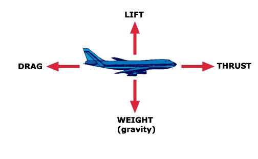 The four forces of flight are lift, drag, thrust, and weight.