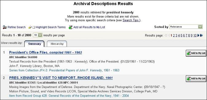 View the archival descriptions results