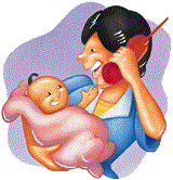 Picture of a woman talking on the telephone while holding baby