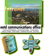 EETD Intranet splash page; EETD Communications Office; a roll of 100 dollar bills; and the Environmental Health and Safety logo