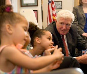 Congressman Moran talks with youngster Taylor Buckle during a recent visit to Capitol Hill as part of Family Advocacy Day for Children's Hospitals