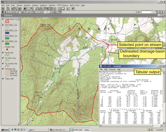 Screenshot of window displayed when a point on a stream is selected using the Vermont Flow-Frequency Tool in ArcView.