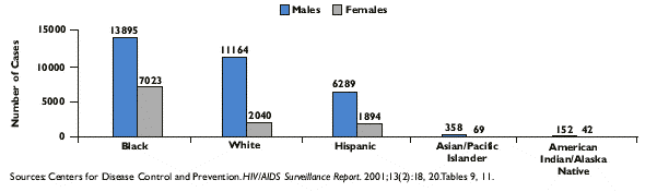 Reported Adult/Adolescent AIDS Cases, 2001, by Gender and Race, bar chart