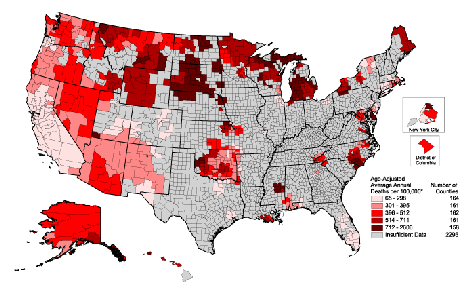 Heart Disease Death Rates for 1996 through 2000 for American Indians and Alaska Natives Aged 35 Years and Older by County. The map shows that concentrations of counties with the highest heart disease rates - meaning the top quintile - are located primarily in North Dakota, South Dakota, Wisconsin and Michigan.