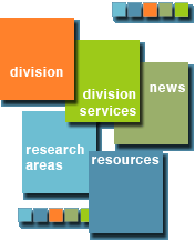 Colored navigational blocks arranged in a cluster. Clockwise: Division, Division Services, News, Resources and Research Areas