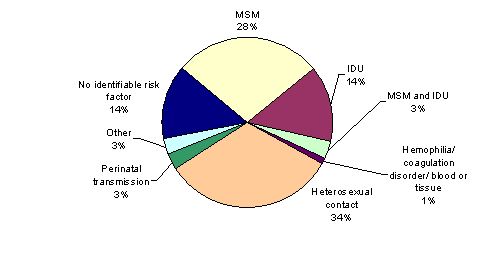 Pie Chart
MSM, 28%
IDU, 14%
MSM and IDU, 3%
Hemophilia/coagulation disorder/blood or tissue, 1%
Heterosexual contact, 34%
Perinatal transmission, 3%
Other 3%
No identifiable risk factor, 14%