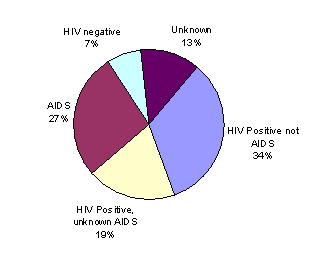 Pie Chart
HIV Positive not AIDS, 34%
HIV Positive, unknown AIDS, 19%
AIDS, 27%
HIV negative, 7%
Unknown, 13%