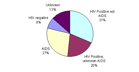 Pie Chart containing the following data...
HIV Positive not AIDS, 264,600
HIV Positive, unknown AIDS, 170,051
AIDS, 228,011
HIV negative, 64,694
Unknown, 113,065
