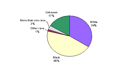 Pie Chart containing the following data...
White, 219,781
Black, 293,336
Other race, 9,367
More than one race, 20,108
Unknown, 107,422