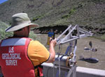 Photo of USGS scientist using stream-gaging equipment