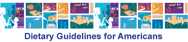 Dietary Guidelines for Americans logo featuring images of the five food groups and of community excercise